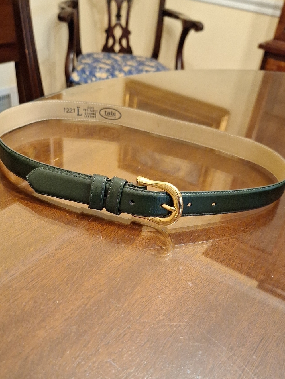 Tabi International Women's Genuine Leather Dark Green Belt w Gold Buckle, Size L